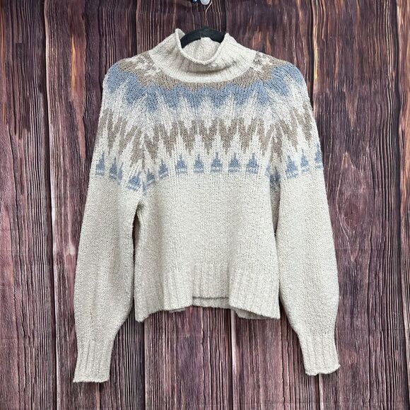 American Eagle AEO Sweater Cream Blue Gray Fairisle Mock Neck New Size Medium - Picture 1 of 6